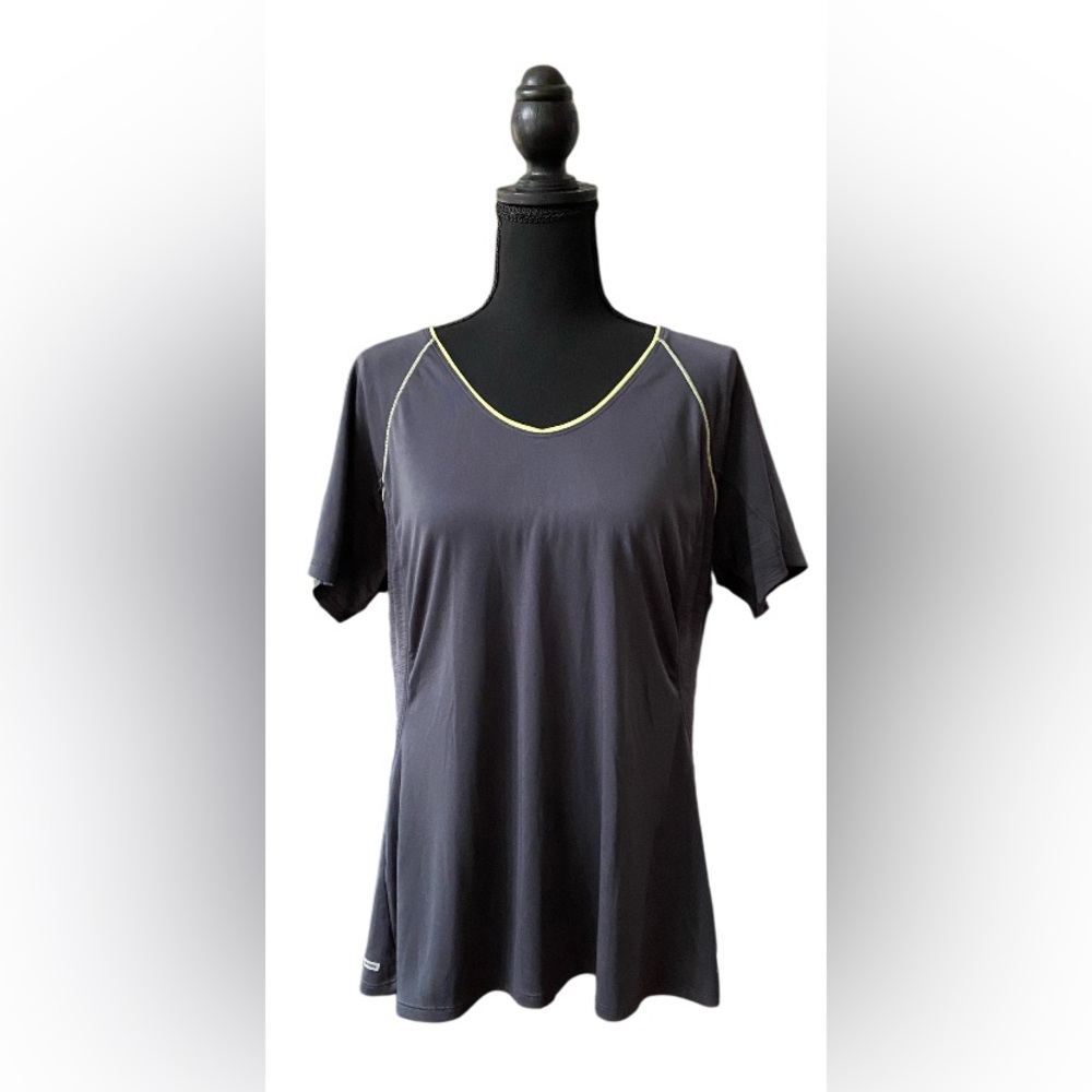 Danskin Now: Semi Fitted Gray and Light Green Yellow Short Sleeve Tee